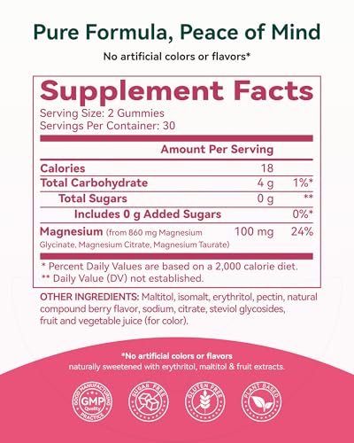 Magnesium Glycinat Plus Gummies 860 mg, Zuckerfrei, Nicht-GVO, Glutenfrei, Magnesium Gummis für Erwachsene & Kinder, Schlaf, Entspannung & Fokus, Magnesium Ergänzung für Frauen, Gemischter Beerengeschmack, 120 Stück