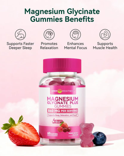 Magnesium Glycinat Plus Gummies 860 mg, Zuckerfrei, Nicht-GVO, Glutenfrei, Magnesium Gummis für Erwachsene & Kinder, Schlaf, Entspannung & Fokus, Magnesium Ergänzung für Frauen, Gemischter Beerengeschmack, 120 Stück