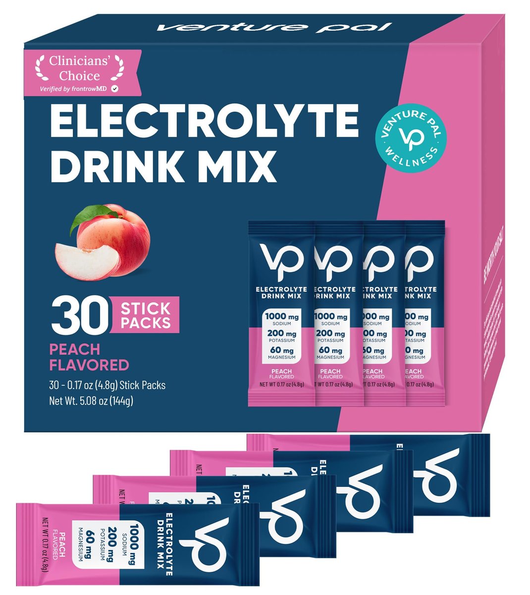 Venture Pal High Sodium Zuckerfreie Elektrolytepulver-Päckchen – Hydrationspackungen mit Natrium, Kalium & Magnesium | Null Kalorien | Vegan, Keto und Paleo freundlich | 30 Sticks