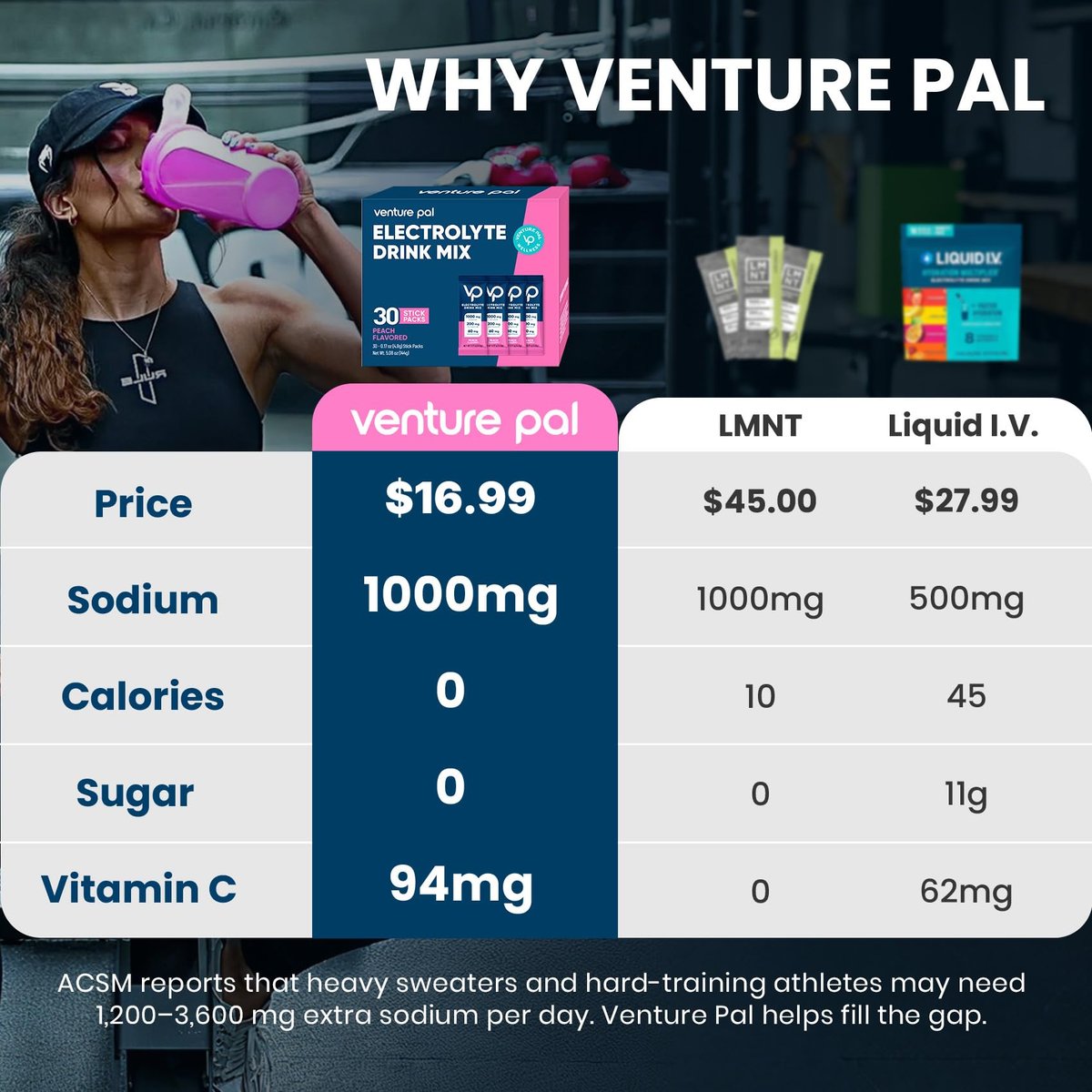 Venture Pal High Sodium Zuckerfreie Elektrolytepulver-Päckchen – Hydrationspackungen mit Natrium, Kalium & Magnesium | Null Kalorien | Vegan, Keto und Paleo freundlich | 30 Sticks