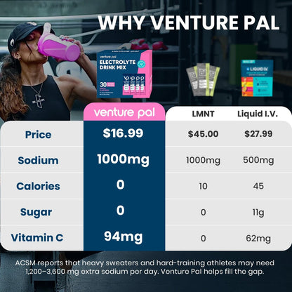 Venture Pal High Sodium Zuckerfreie Elektrolytepulver-Päckchen – Hydrationspackungen mit Natrium, Kalium & Magnesium | Null Kalorien | Vegan, Keto und Paleo freundlich | 30 Sticks