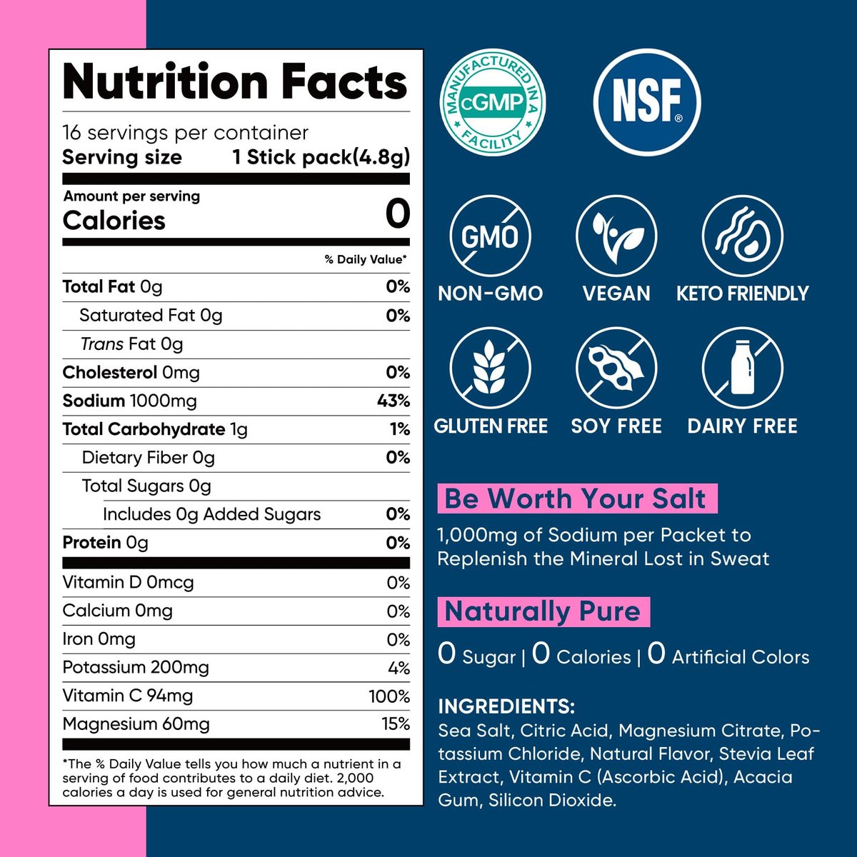 Venture Pal High Sodium Zuckerfreie Elektrolytepulver-Päckchen – Hydrationspackungen mit Natrium, Kalium & Magnesium | Null Kalorien | Vegan, Keto und Paleo freundlich | 30 Sticks