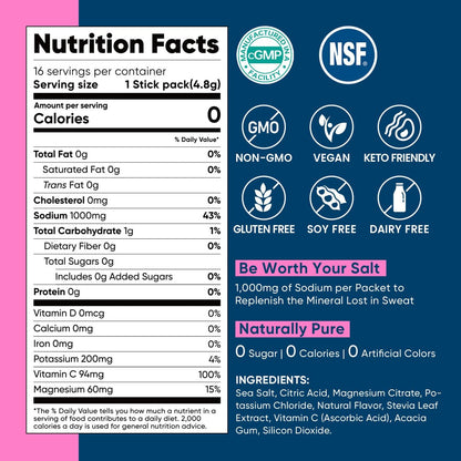 Venture Pal High Sodium Zuckerfreie Elektrolytepulver-Päckchen – Hydrationspackungen mit Natrium, Kalium & Magnesium | Null Kalorien | Vegan, Keto und Paleo freundlich | 30 Sticks