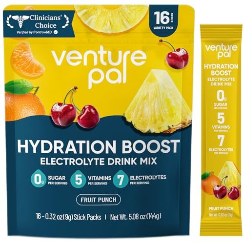 Venture Pal Zuckerfreie Elektrolyt-Pulverbeutel – Flüssige tägliche IV-Hydratationsbeutel für schnelle Rehydrierung | 7 Elektrolyte & 5 Vitamine | Keto-freundlich | Non-GMO | Vegan | Schnell löslich | 16 Sticks