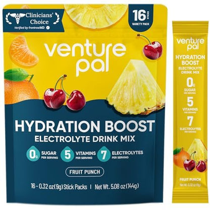 Venture Pal Zuckerfreie Elektrolyt-Pulverbeutel – Flüssige tägliche IV-Hydratationsbeutel für schnelle Rehydrierung | 7 Elektrolyte & 5 Vitamine | Keto-freundlich | Non-GMO | Vegan | Schnell löslich | 16 Sticks