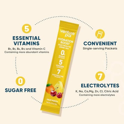 Venture Pal Zuckerfreie Elektrolyt-Pulverbeutel – Flüssige tägliche IV-Hydratationsbeutel für schnelle Rehydrierung | 7 Elektrolyte & 5 Vitamine | Keto-freundlich | Non-GMO | Vegan | Schnell löslich | 16 Sticks