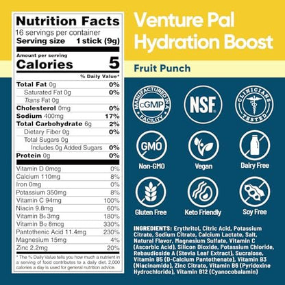 Venture Pal Zuckerfreie Elektrolyt-Pulverbeutel – Flüssige tägliche IV-Hydratationsbeutel für schnelle Rehydrierung | 7 Elektrolyte & 5 Vitamine | Keto-freundlich | Non-GMO | Vegan | Schnell löslich | 16 Sticks