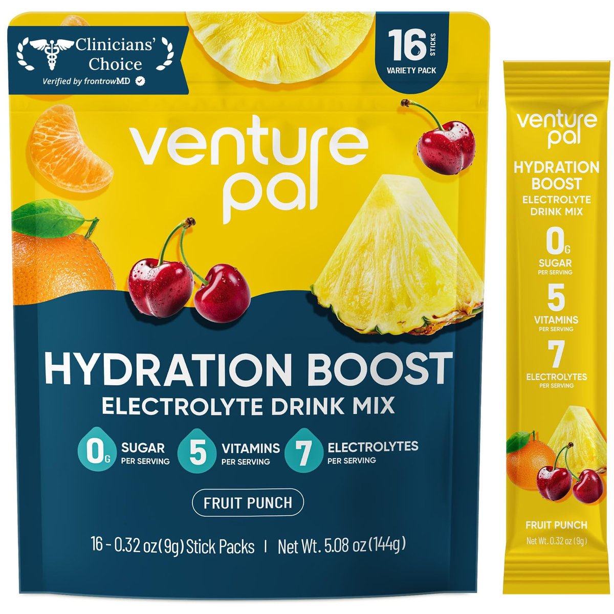 Venture Pal Zuckerfreie Elektrolyt-Pulverbeutel – Flüssige tägliche IV-Hydratationsbeutel für schnelle Rehydrierung | 7 Elektrolyte & 5 Vitamine | Keto-freundlich | Non-GMO | Vegan | Schnell löslich | 16 Sticks