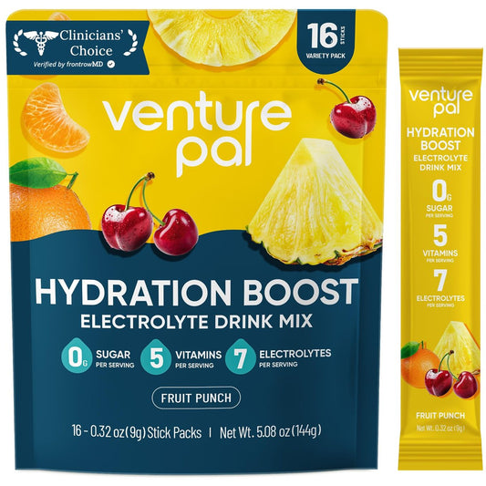 Venture Pal Zuckerfreie Elektrolyt-Pulverbeutel – Flüssige tägliche IV-Hydratationsbeutel für schnelle Rehydrierung | 7 Elektrolyte & 5 Vitamine | Keto-freundlich | Non-GMO | Vegan | Schnell löslich | 16 Sticks