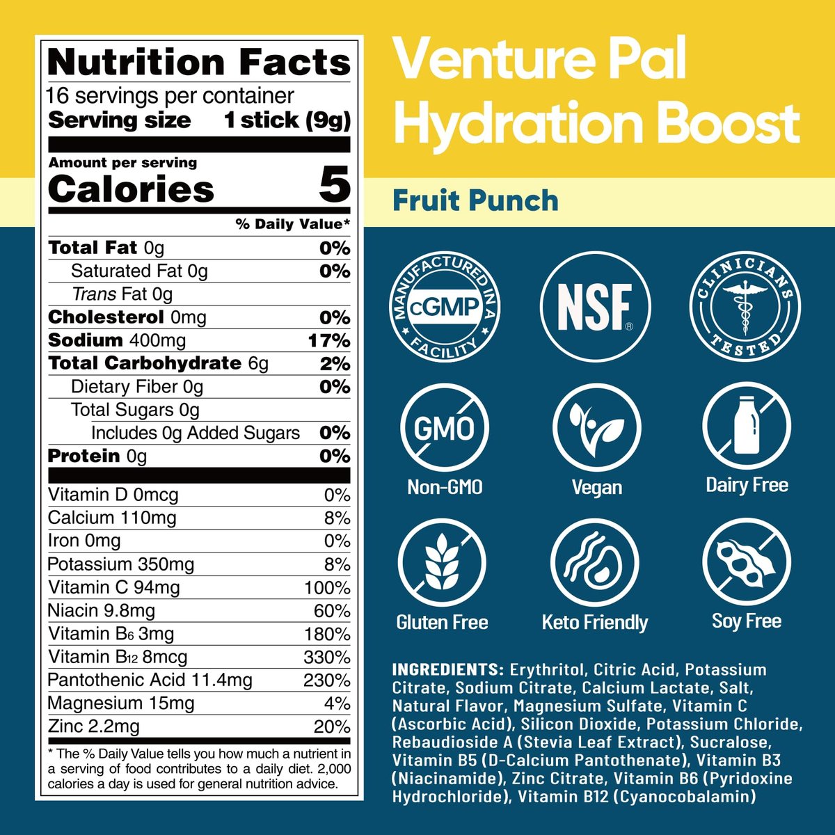 Venture Pal Zuckerfreie Elektrolyt-Pulverbeutel – Flüssige tägliche IV-Hydratationsbeutel für schnelle Rehydrierung | 7 Elektrolyte & 5 Vitamine | Keto-freundlich | Non-GMO | Vegan | Schnell löslich | 16 Sticks