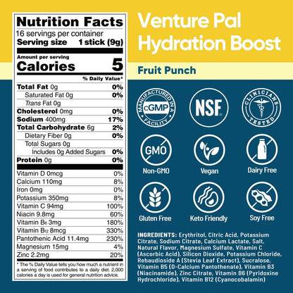 Venture Pal Zuckerfreie Elektrolyt-Pulverbeutel – Flüssige tägliche IV-Hydratationsbeutel für schnelle Rehydrierung | 7 Elektrolyte & 5 Vitamine | Keto-freundlich | Non-GMO | Vegan | Schnell löslich | 16 Sticks