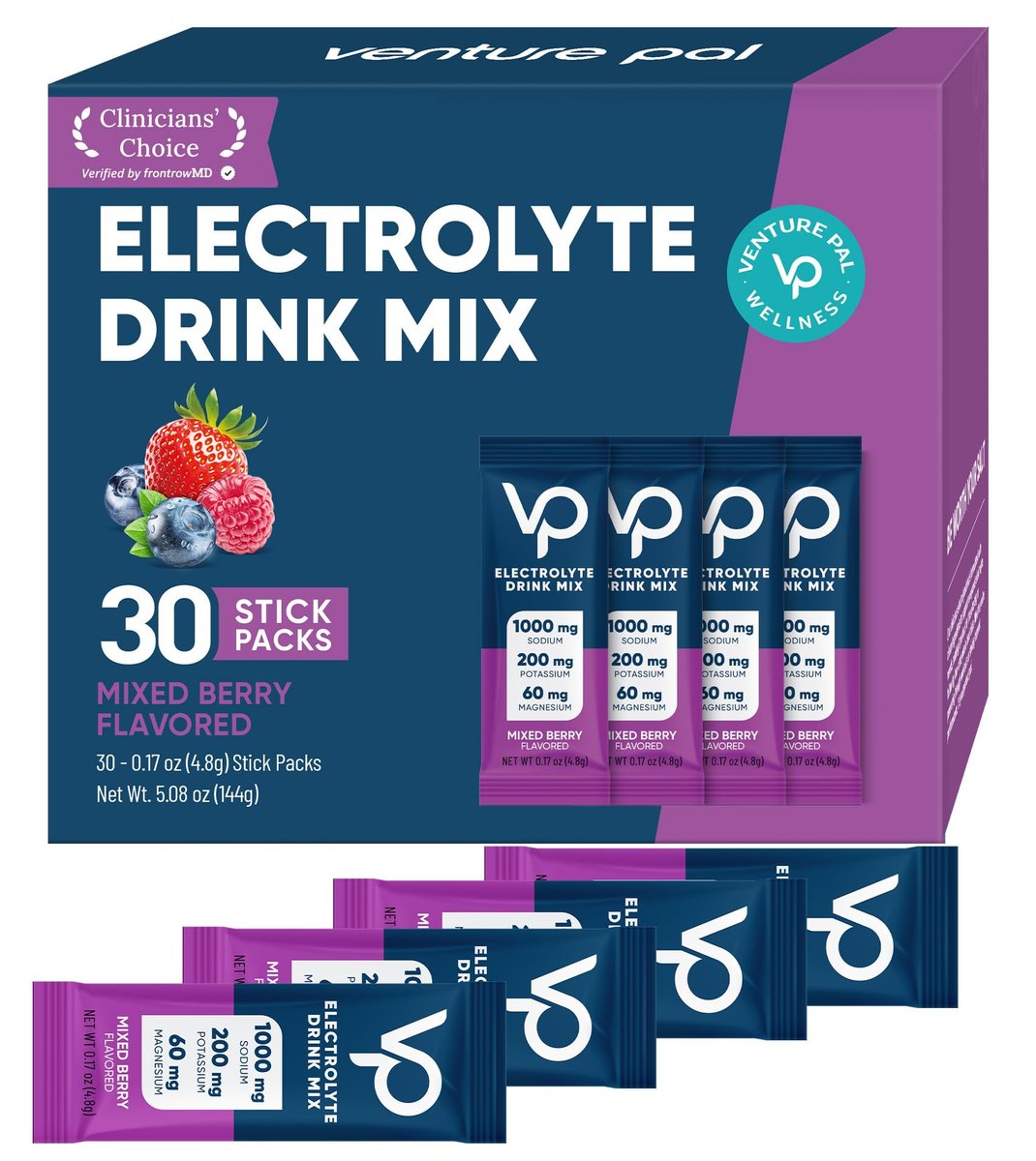 Venture Pal High Sodium Elektrolyt-Pulver Beutel – Zuckerfreie Hydratationspäckchen mit Natrium, Kalium & Magnesium | Null Kalorien | Vegan, Keto und Paleo geeignet | 30 Sticks