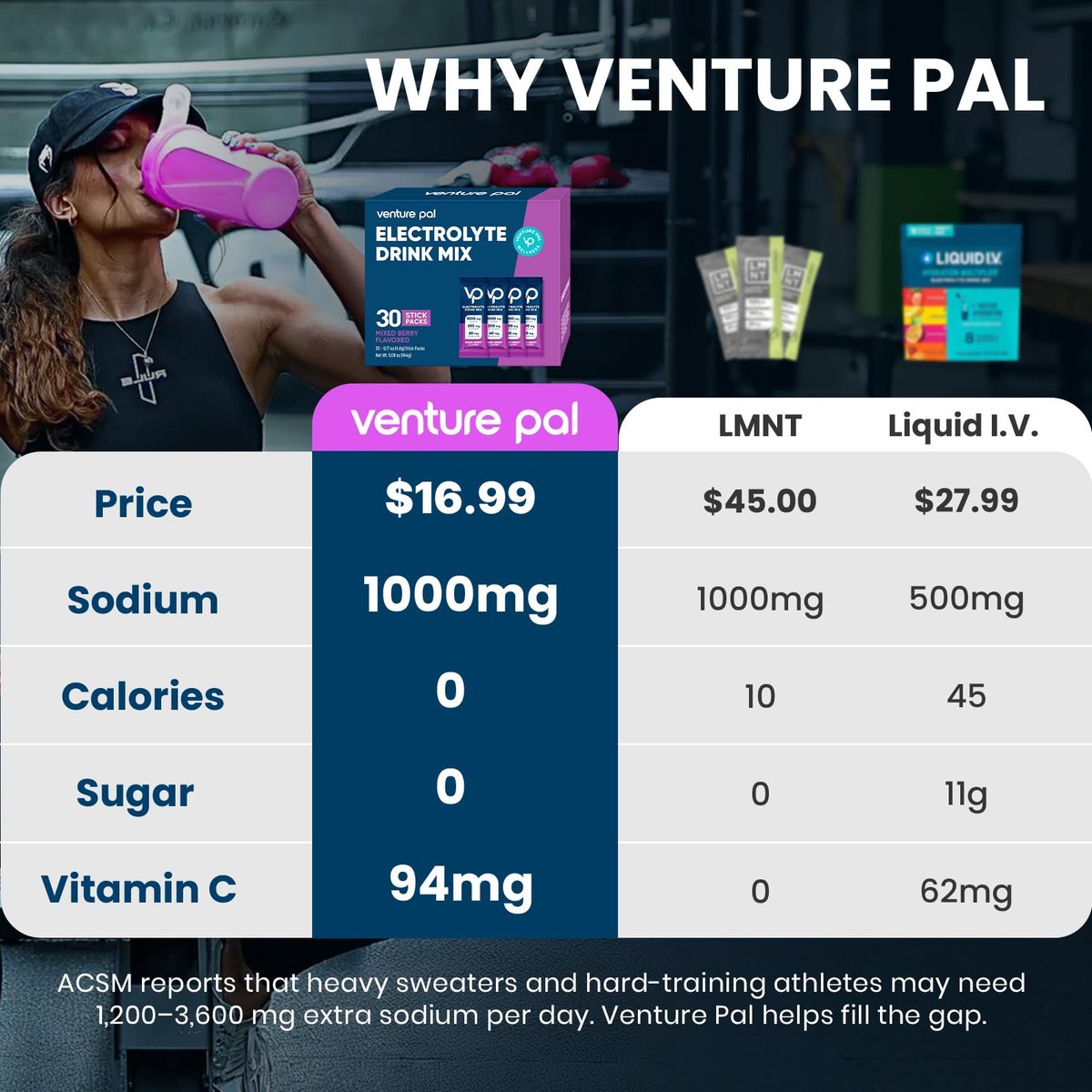 Venture Pal High Sodium Elektrolyt-Pulver Beutel – Zuckerfreie Hydratationspäckchen mit Natrium, Kalium & Magnesium | Null Kalorien | Vegan, Keto und Paleo geeignet | 30 Sticks