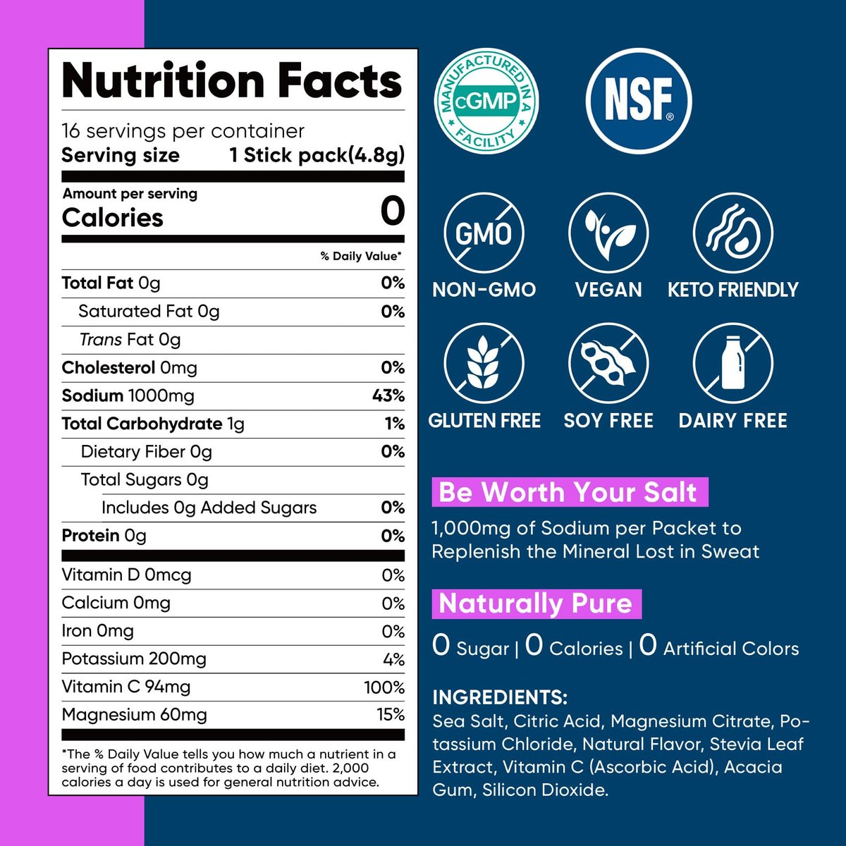 Venture Pal High Sodium Elektrolyt-Pulver Beutel – Zuckerfreie Hydratationspäckchen mit Natrium, Kalium & Magnesium | Null Kalorien | Vegan, Keto und Paleo geeignet | 30 Sticks