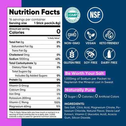 Venture Pal High Sodium Elektrolyt-Pulver Beutel – Zuckerfreie Hydratationspäckchen mit Natrium, Kalium & Magnesium | Null Kalorien | Vegan, Keto und Paleo geeignet | 30 Sticks