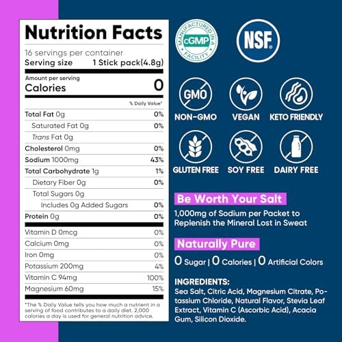 Venture Pal High Sodium Elektrolyt-Pulver Beutel – Zuckerfreie Hydratationspäckchen mit Natrium, Kalium & Magnesium | Null Kalorien | Vegan, Keto und Paleo geeignet | 30 Sticks