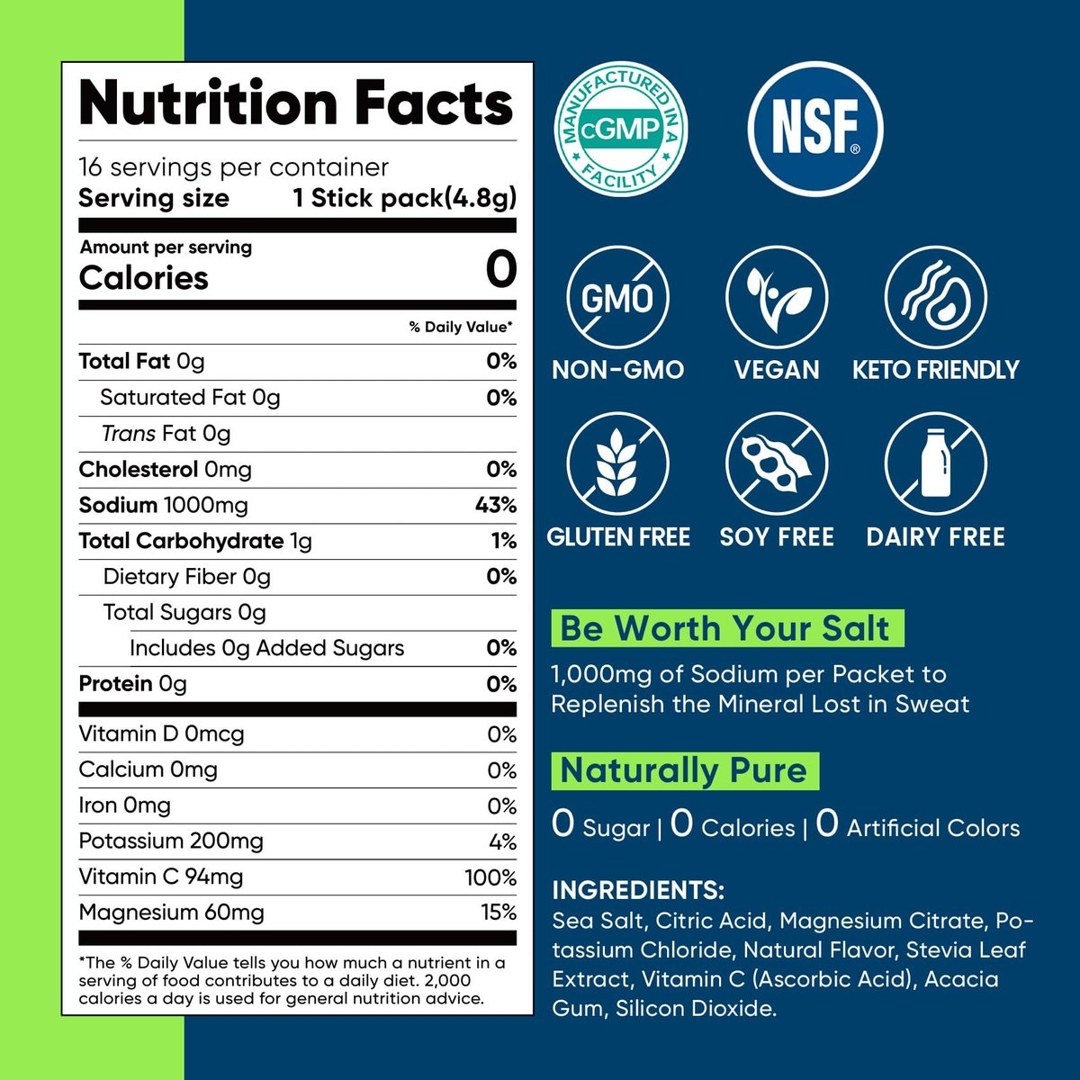 Venture Pal High Sodium Zuckerfreies Elektrolytpulver - Hydrationsbeutel mit Natrium, Kalium & Magnesium | Null Kalorien | Vegan, Keto & Paläo geeignet | 30 Sticks