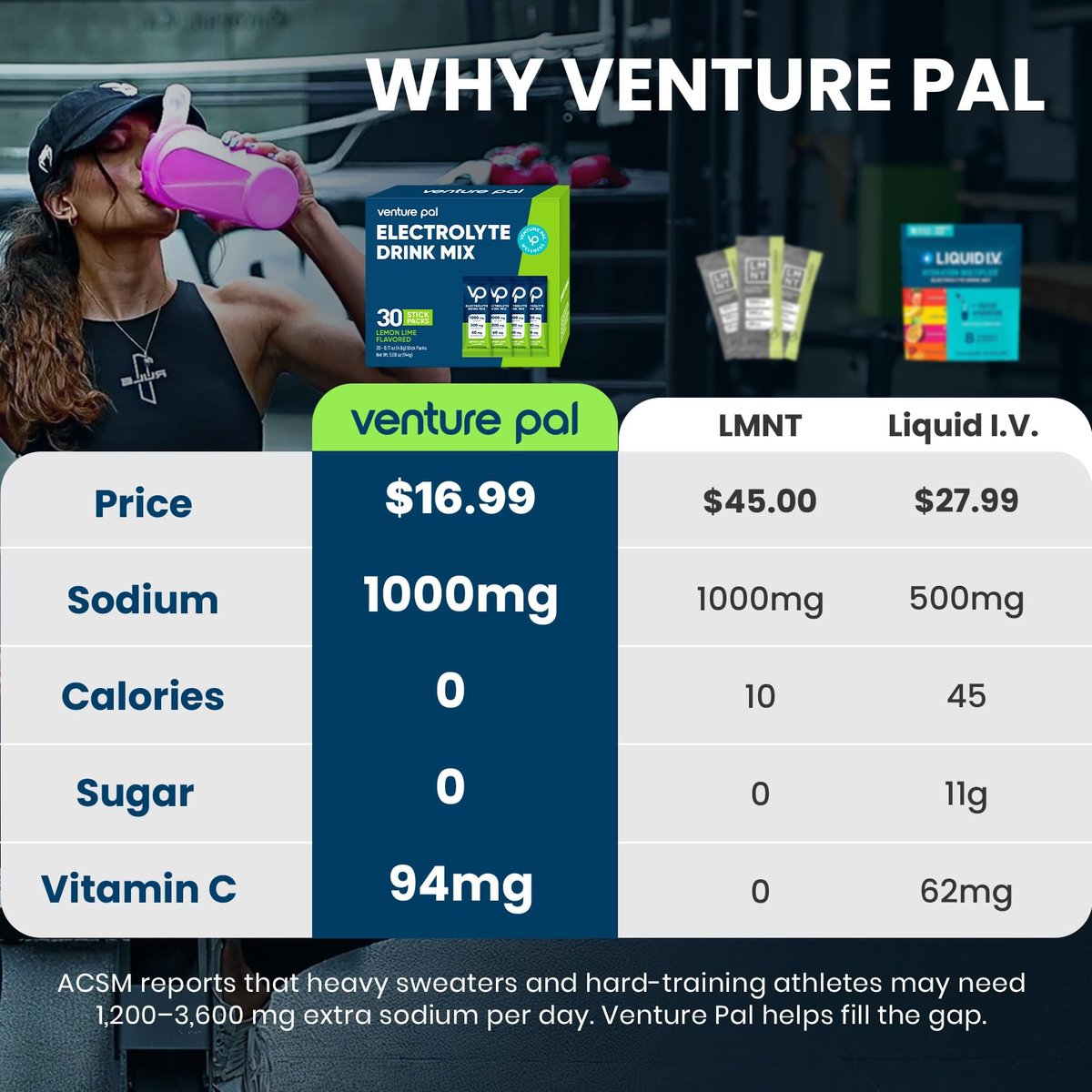 Venture Pal High Sodium Zuckerfreies Elektrolytpulver - Hydrationsbeutel mit Natrium, Kalium & Magnesium | Null Kalorien | Vegan, Keto & Paläo geeignet | 30 Sticks