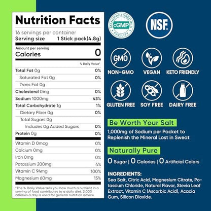 Venture Pal High Sodium Zuckerfreies Elektrolytpulver - Hydrationsbeutel mit Natrium, Kalium & Magnesium | Null Kalorien | Vegan, Keto & Paläo geeignet | 30 Sticks