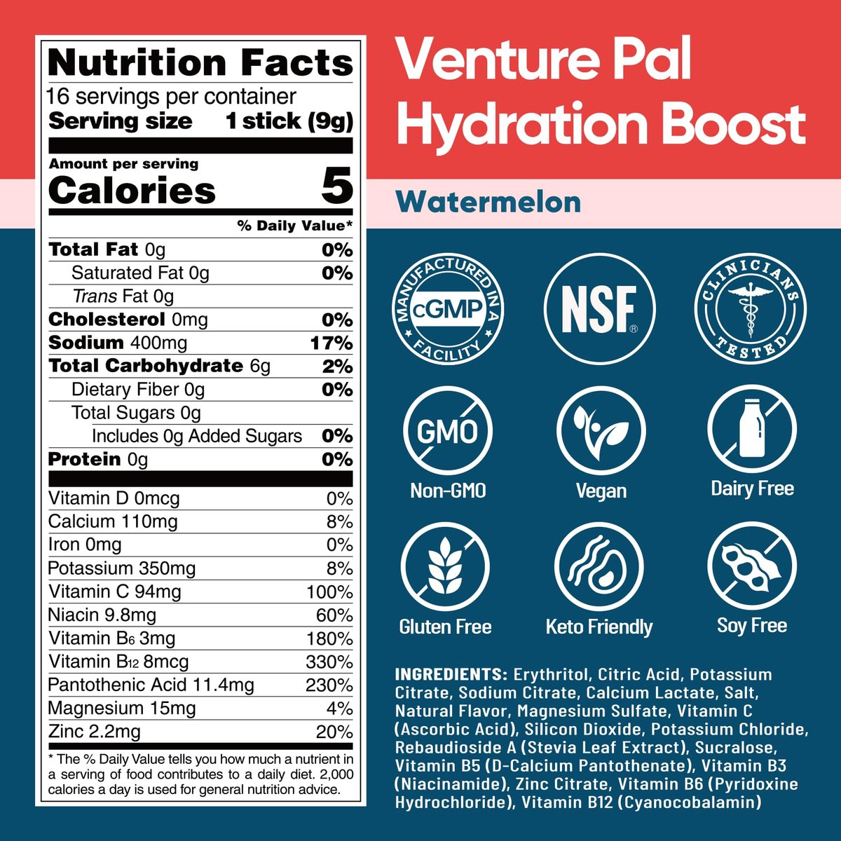 Venture Pal Zuckerfreie Elektrolyt-Pulver-Päckchen – Flüssige IV Hydration Päckchen für schnelle Rehydrierung | 7 Elektrolyte & 5 Vitamine | Keto-freundlich | Nicht-GVO | Vegan | Schnell löslich | 16 Sticks