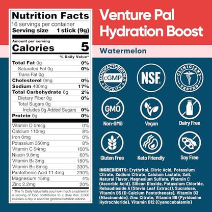 Venture Pal Zuckerfreie Elektrolyt-Pulver-Päckchen – Flüssige IV Hydration Päckchen für schnelle Rehydrierung | 7 Elektrolyte & 5 Vitamine | Keto-freundlich | Nicht-GVO | Vegan | Schnell löslich | 16 Sticks