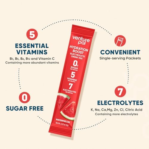 Venture Pal Zuckerfreie Elektrolyt-Pulver-Päckchen – Flüssige IV Hydration Päckchen für schnelle Rehydrierung | 7 Elektrolyte & 5 Vitamine | Keto-freundlich | Nicht-GVO | Vegan | Schnell löslich | 16 Sticks