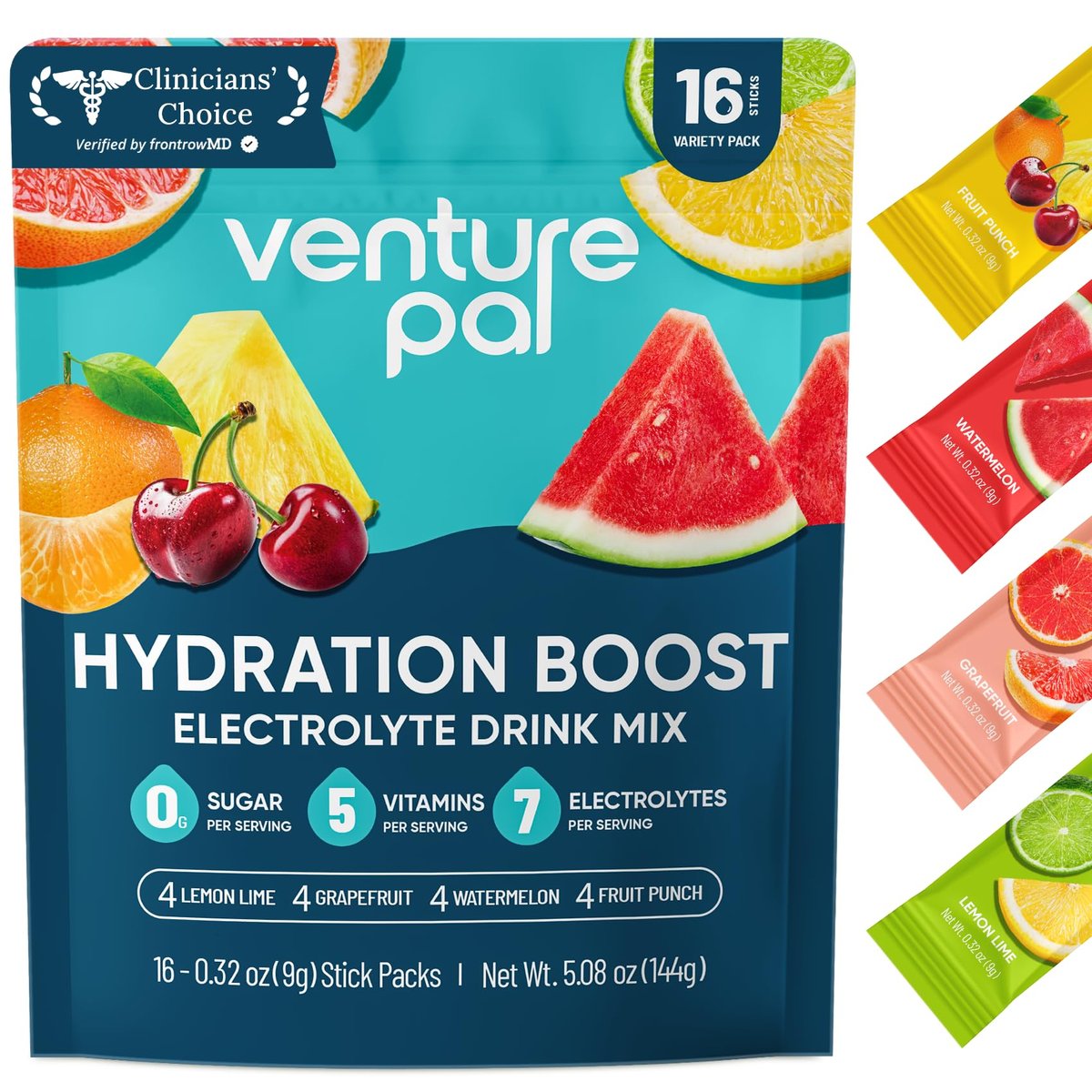 Venture Pal Zuckerfreie Elektrolyt-Pulver-Päckchen - Flüssige Tägliche IV Hydratations-Päckchen für schnelle Rehydrierung | 7 Elektrolyte & 5 Vitamine | Keto-freundlich | Nicht-GMO | Vegan | Schnell löslich | 16 Sticks