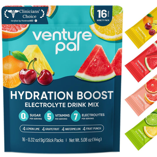 Venture Pal Zuckerfreie Elektrolyt-Pulver-Päckchen - Flüssige Tägliche IV Hydratations-Päckchen für schnelle Rehydrierung | 7 Elektrolyte & 5 Vitamine | Keto-freundlich | Nicht-GMO | Vegan | Schnell löslich | 16 Sticks
