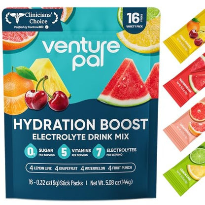 Venture Pal Zuckerfreie Elektrolyt-Pulver-Päckchen - Flüssige Tägliche IV Hydratations-Päckchen für schnelle Rehydrierung | 7 Elektrolyte & 5 Vitamine | Keto-freundlich | Nicht-GMO | Vegan | Schnell löslich | 16 Sticks