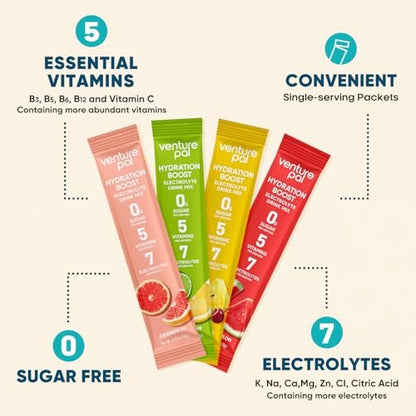 Venture Pal Zuckerfreie Elektrolyt-Pulver-Päckchen - Flüssige Tägliche IV Hydratations-Päckchen für schnelle Rehydrierung | 7 Elektrolyte & 5 Vitamine | Keto-freundlich | Nicht-GMO | Vegan | Schnell löslich | 16 Sticks