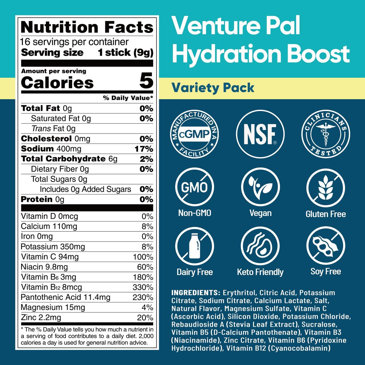 Venture Pal Zuckerfreie Elektrolyt-Pulver-Päckchen - Flüssige Tägliche IV Hydratations-Päckchen für schnelle Rehydrierung | 7 Elektrolyte & 5 Vitamine | Keto-freundlich | Nicht-GMO | Vegan | Schnell löslich | 16 Sticks