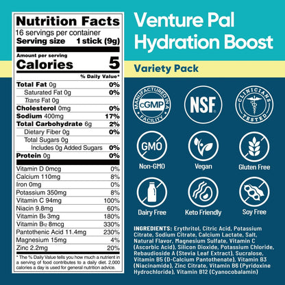 Venture Pal Zuckerfreie Elektrolyt-Pulver-Päckchen - Flüssige Tägliche IV Hydratations-Päckchen für schnelle Rehydrierung | 7 Elektrolyte & 5 Vitamine | Keto-freundlich | Nicht-GMO | Vegan | Schnell löslich | 16 Sticks