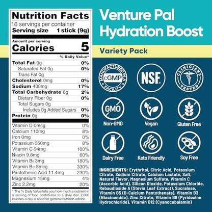 Venture Pal Zuckerfreie Elektrolyt-Pulver-Päckchen - Flüssige Tägliche IV Hydratations-Päckchen für schnelle Rehydrierung | 7 Elektrolyte & 5 Vitamine | Keto-freundlich | Nicht-GMO | Vegan | Schnell löslich | 16 Sticks