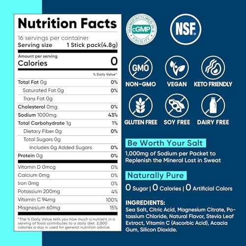 Venture Pal High Sodium Zuckerfreies Elektrolytpulver - Hydrationsbeutel mit Natrium, Kalium & Magnesium | Null Kalorien | Vegan, Keto & Paläo geeignet | 30 Sticks