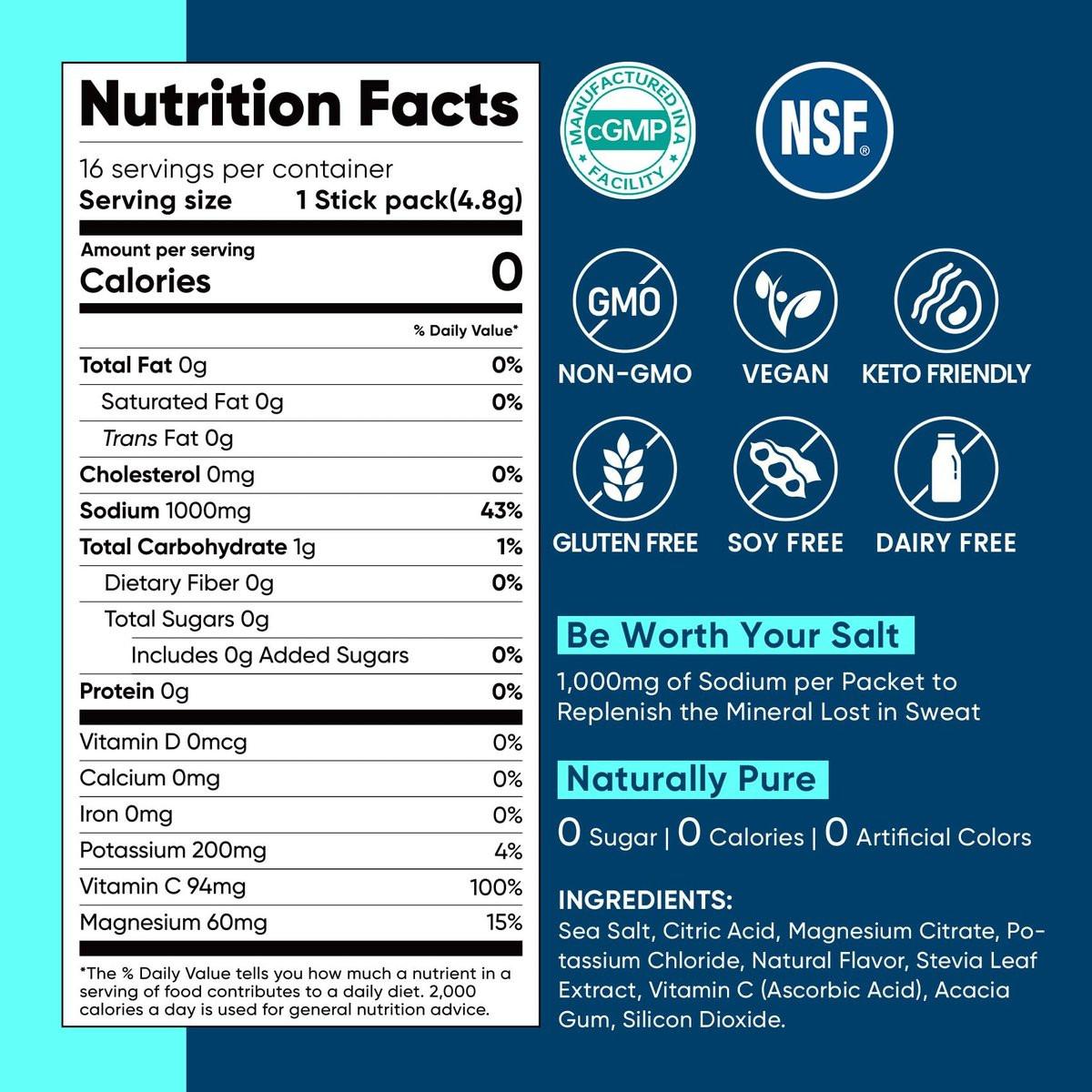 Venture Pal High Sodium Zuckerfreies Elektrolyt-Pulver - Hydrationspackungen mit Natrium, Kalium & Magnesium | Null Kalorien | Vegan, Keto und Paleo geeignet | 16 Sticks