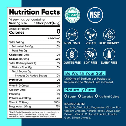 Venture Pal High Sodium Zuckerfreies Elektrolyt-Pulver - Hydrationspackungen mit Natrium, Kalium & Magnesium | Null Kalorien | Vegan, Keto und Paleo geeignet | 16 Sticks