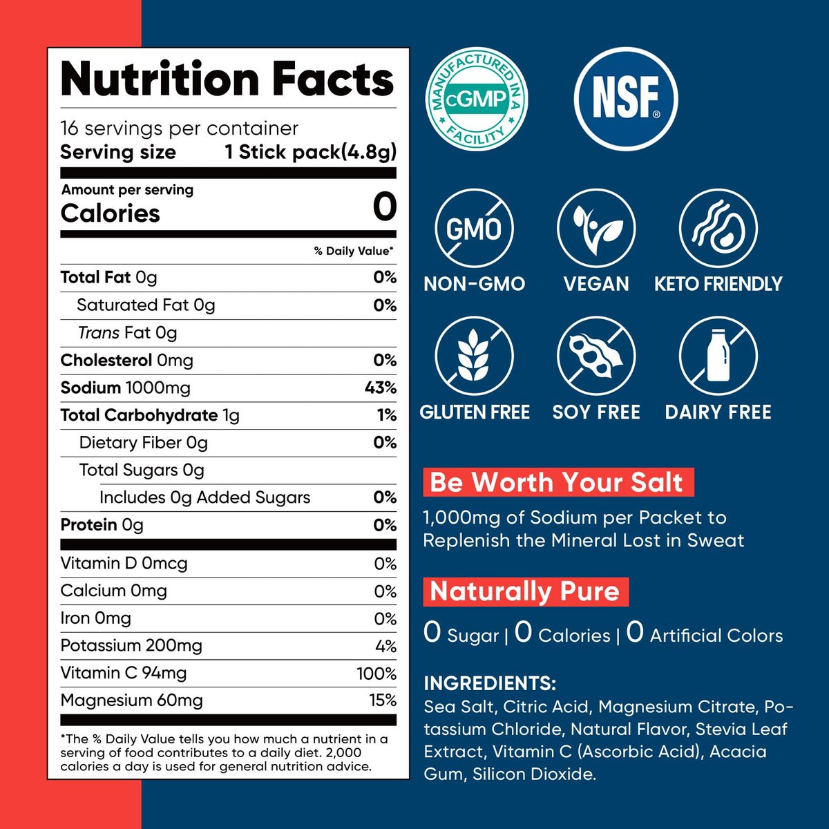 Venture Pal High Sodium Sugar-Free Electrolyte Powder Packets – Hydration Packets mit Natrium, Kalium & Magnesium | Null Kalorien | Vegan, Keto und Paleo freundlich | 30 Sticks