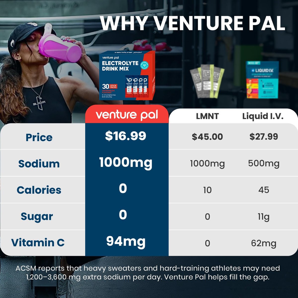 Venture Pal High Sodium Sugar-Free Electrolyte Powder Packets – Hydration Packets mit Natrium, Kalium & Magnesium | Null Kalorien | Vegan, Keto und Paleo freundlich | 30 Sticks