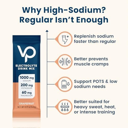 Venture Pal High Sodium Zuckerfreie Elektrolyte Pulver Beutel – Hydrationspackungen mit Vitaminen, Natrium & Kalium | Null Kalorien | Vegan, Keto & Paleo freundliches Elektrolyt-Getränkepulver – 30 Sticks