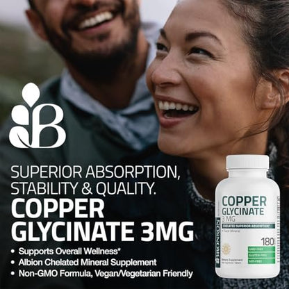 Bronson Kupferglycinat 3 mg Chelat – Hoch bioverfügbar, Nicht-GVO, 180 Vegetarische Tabletten