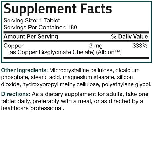 Bronson Kupferglycinat 3 mg Chelat – Hoch bioverfügbar, Nicht-GVO, 180 Vegetarische Tabletten