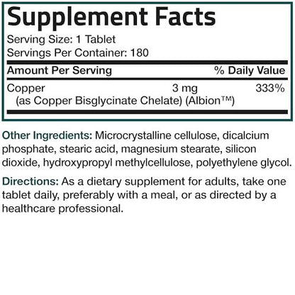 Bronson Kupferglycinat 3 mg Chelat – Hoch bioverfügbar, Nicht-GVO, 180 Vegetarische Tabletten