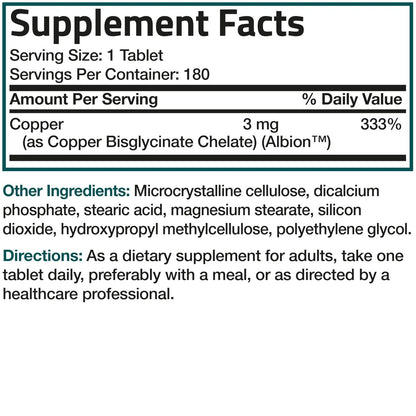 Bronson Kupferglycinat 3 mg Chelat – Hoch bioverfügbar, Nicht-GVO, 180 Vegetarische Tabletten