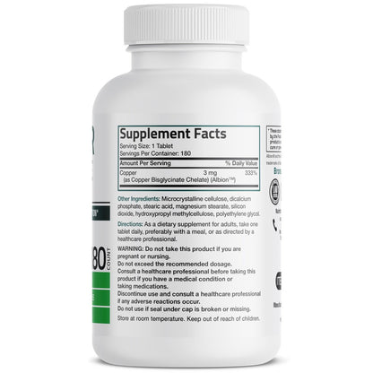 Bronson Kupferglycinat 3 mg Chelat – Hoch bioverfügbar, Nicht-GVO, 180 Vegetarische Tabletten