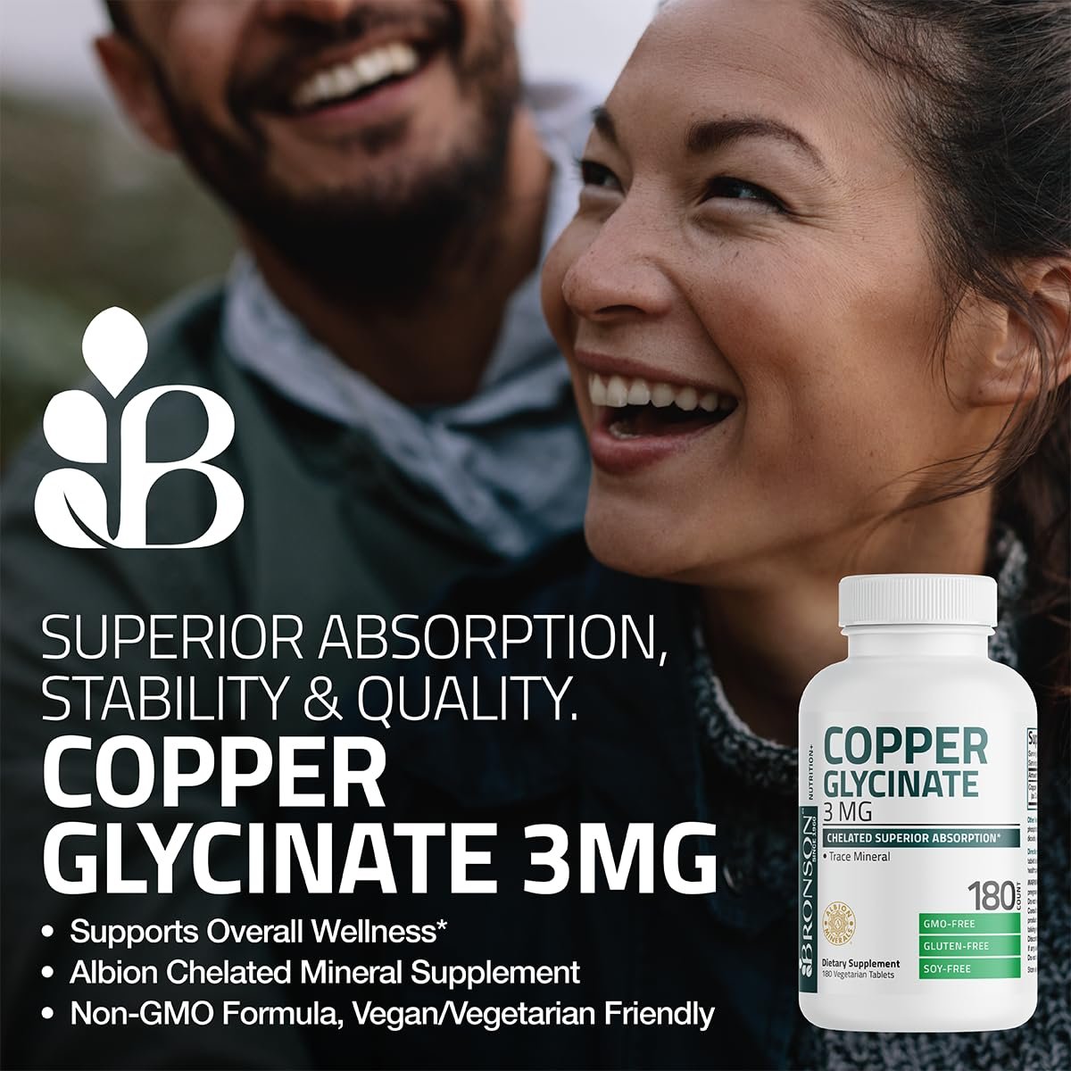 Bronson Kupferglycinat 3 mg Chelat – Hoch bioverfügbar, Nicht-GVO, 180 Vegetarische Tabletten