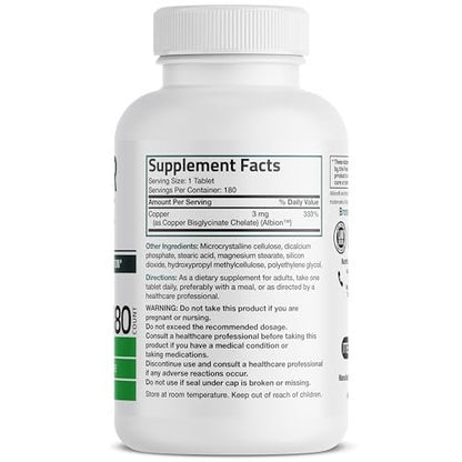 Bronson Kupferglycinat 3 mg Chelat – Hoch bioverfügbar, Nicht-GVO, 180 Vegetarische Tabletten
