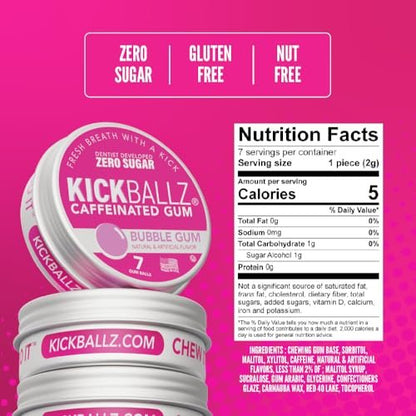 KickBallz Bubblegum Koffein-Kaugummi | Extra Stark - 110 mg pro Gummikugel | Schneller Energieschub | Erfrischt den Atem | Null Zucker | Glutenfrei | Hergestellt in den USA | 3 Dosen (21 Stück)