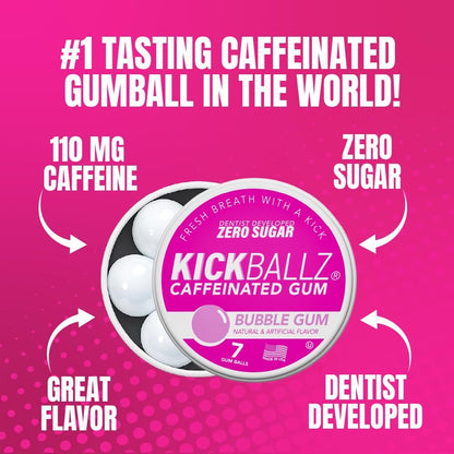 KickBallz Bubblegum Koffein-Kaugummi | Extra Stark - 110 mg pro Gummikugel | Schneller Energieschub | Erfrischt den Atem | Null Zucker | Glutenfrei | Hergestellt in den USA | 3 Dosen (21 Stück)