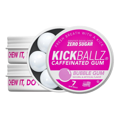 KickBallz Bubblegum Koffein-Kaugummi | Extra Stark - 110 mg pro Gummikugel | Schneller Energieschub | Erfrischt den Atem | Null Zucker | Glutenfrei | Hergestellt in den USA | 3 Dosen (21 Stück)