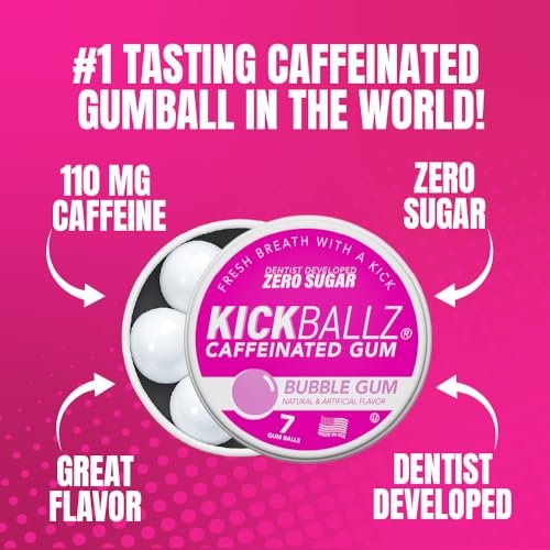 KickBallz Bubblegum Koffein-Kaugummi | Extra Stark - 110 mg pro Gummikugel | Schneller Energieschub | Erfrischt den Atem | Null Zucker | Glutenfrei | Hergestellt in den USA | 3 Dosen (21 Stück)